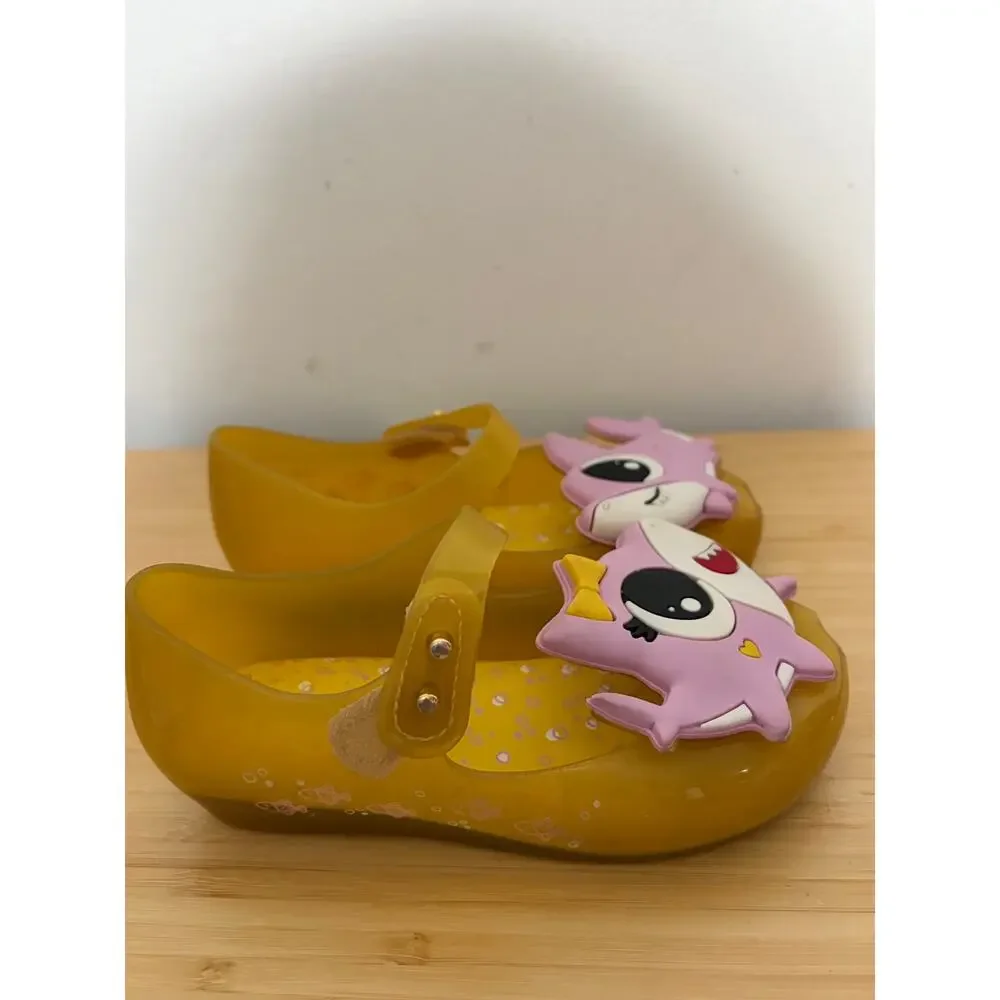 Mini Melissa Shark Jelly Mary Jane Shoes Yellow Pink Girls Size 10 Toddler